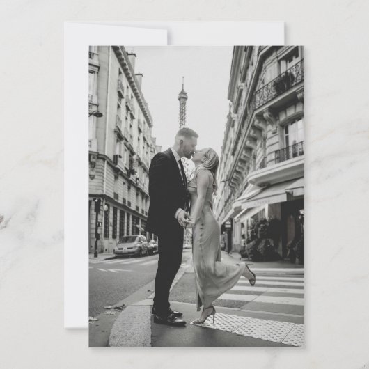 Minimale moderne fotobruiloft save the date (Achterkant)