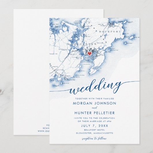 Minimale Moderne Gloucester MA Kaart Bruiloft (Voorkant / Achterkant)