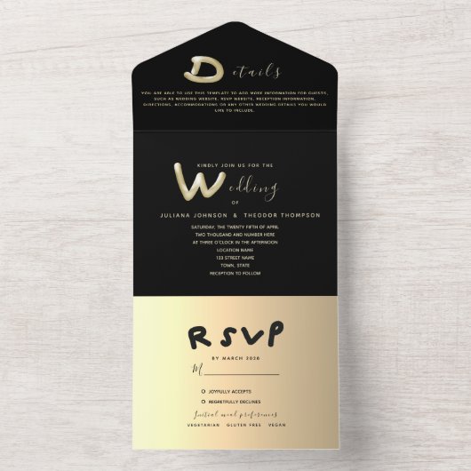 Minimale moderne goudkalligrafie - Black Wedding All In One Uitnodiging (Binnen)