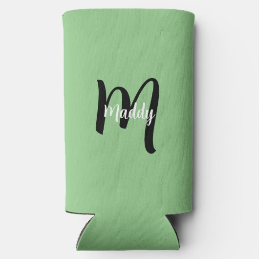 Minimale moderne groene monogram naam + Initiaal Seltzer Blikjeskoeler (Achterkant)