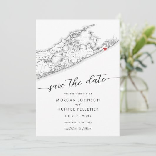 Minimale moderne Gurney's Montauk Resort bruiloft Save The Date (Staand voorkant)