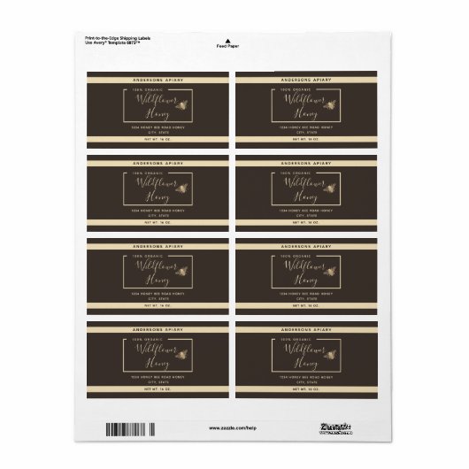 Minimale moderne honingbijenhoningpot etiket (Full Sheet)