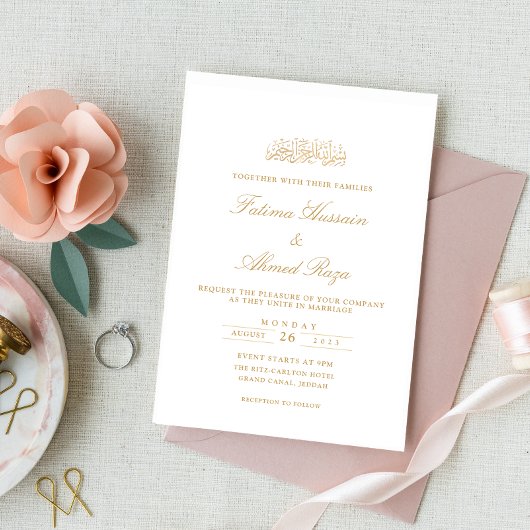 Minimale moderne initiële gouden script moslim bru kaart