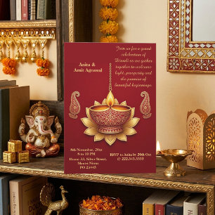 Minimale moderne Japandi-karmozijnrode Diwali-juwe Kaart