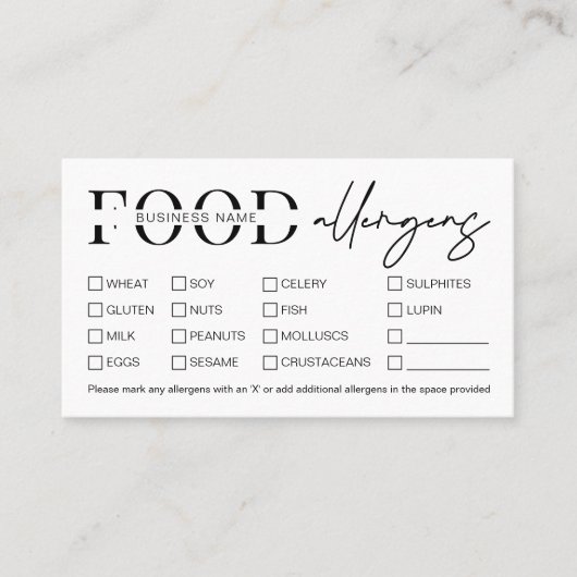 Minimale moderne lijst van voedselallergie voor Lo Visitekaartje (Voorkant)