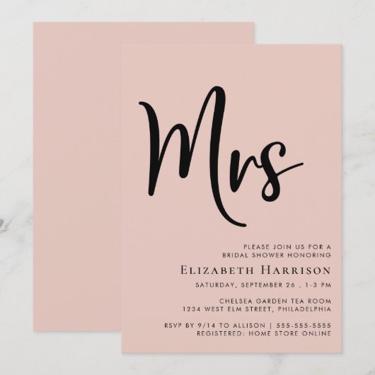 Minimale moderne mevrouw Blush Pink Vrijgezellenfe Kaart (Voorkant / Achterkant)