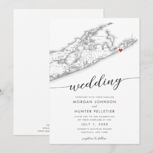 Minimale Moderne Montauk Long Island Kaart Bruilof (Voorkant / Achterkant)
