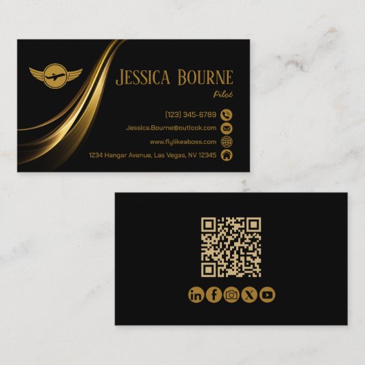 Minimale Moderne Professionele QR Code Pilot Gold Visitekaartje (Voorkant / Achterkant)