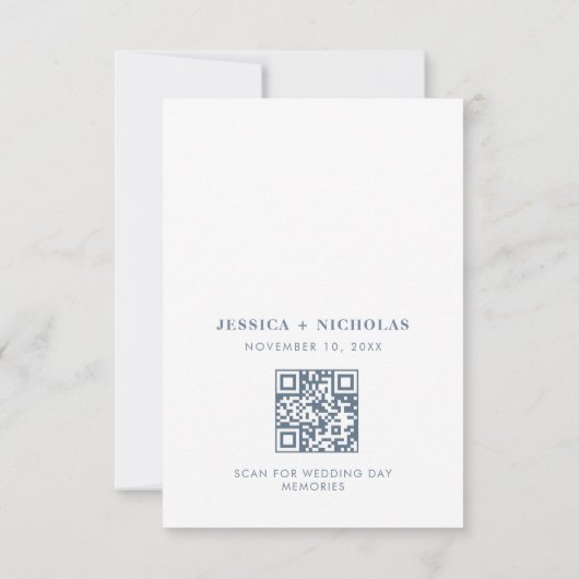 Minimale moderne QR-code blauw & wit bruiloft Bedankkaart (Achterkant)