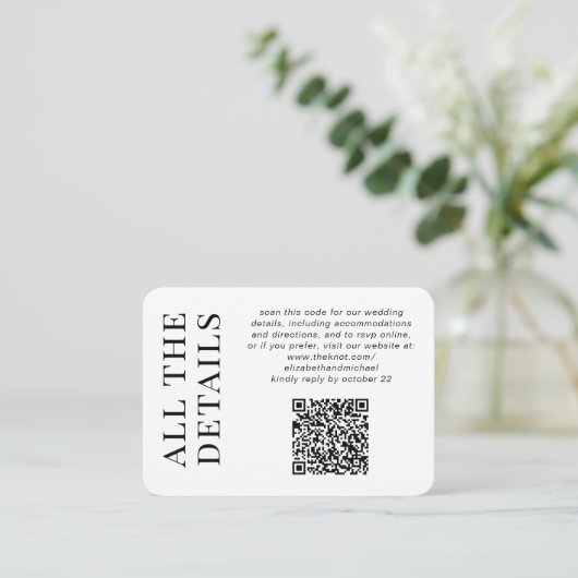 Minimale moderne QR-code bruiloft details Informatiekaartje (Staand voorkant)