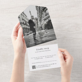 Minimale moderne QR-code foto bruiloft All In One Uitnodiging