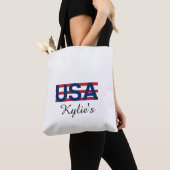 Minimale moderne rode en blauwe Amerikaanse typogr Tote Bag (Dichtbij)