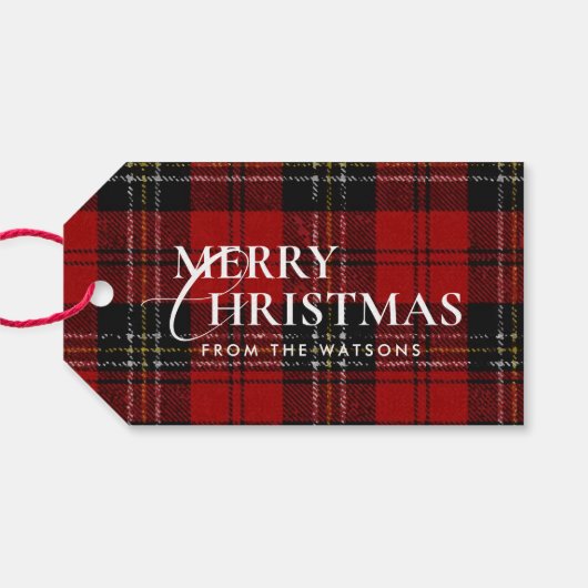 Minimale Moderne Rode Geruite Script Kerstmis Cadeaulabel (Achterkant Horizontaal)