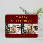 Minimale moderne Rode Kerst Twee Foto Folie Feestdagenkaart (Staand Voorkant)