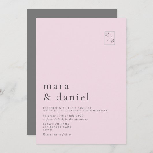 Minimale moderne roze bruiloft uitnodiging (Voorkant / Achterkant)
