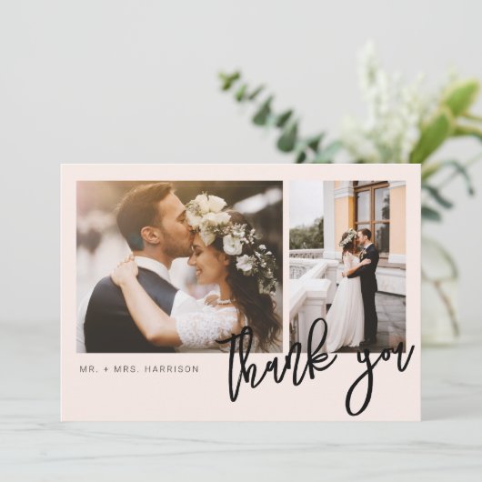 Minimale moderne script 2-foto's bruiloft bedankkaart (Staand voorkant)