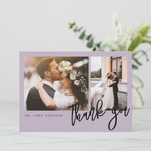 Minimale moderne script 2-foto's bruiloft bedankkaart (Staand voorkant)