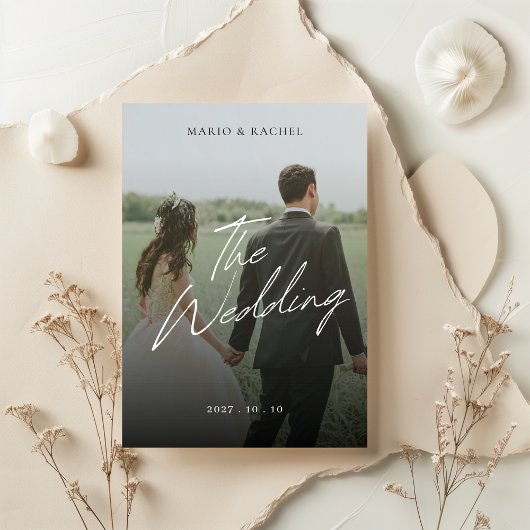 Minimale moderne script elegante trouwfoto kaart