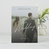 Minimale moderne script elegante trouwfoto kaart (Staand voorkant)