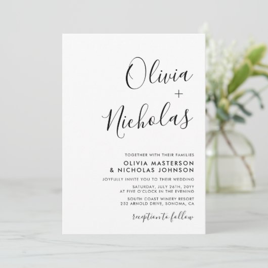 Minimale moderne script kalligrafie monogram bruil kaart (Staand voorkant)