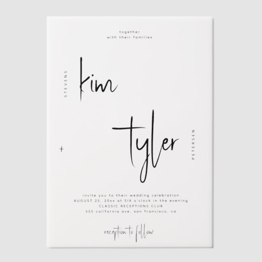 Minimale moderne script overlay bruiloft vellum uitnodigingen (Voorkant)