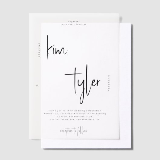 Minimale moderne script overlay bruiloft vellum uitnodigingen (Offset)