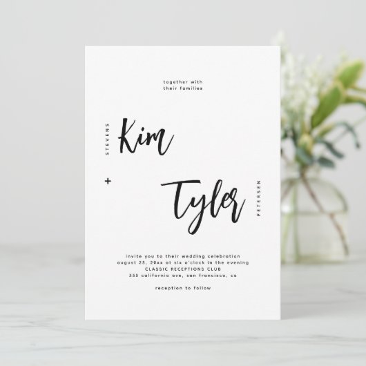 Minimale moderne script zwart-witbruiloft kaart (Staand voorkant)