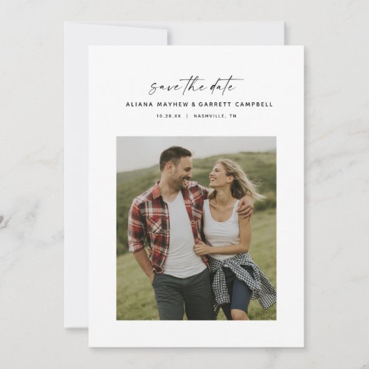 Minimale moderne script zwart-witfoto save the date (Voorkant)