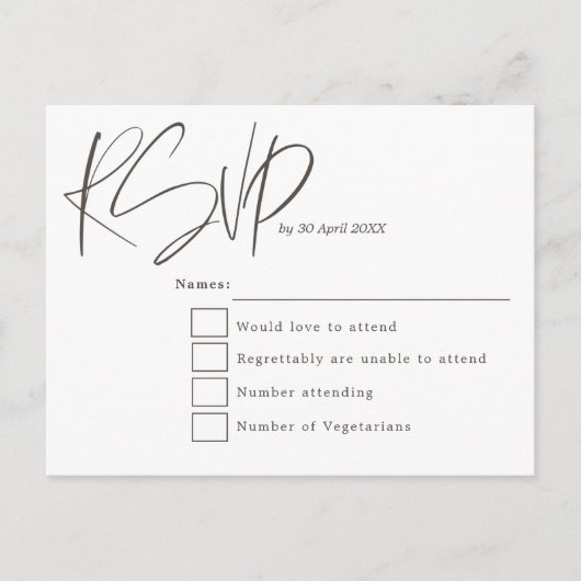 Minimale moderne scripttypografie Bruiloft RSVP Briefkaart (Voorkant)