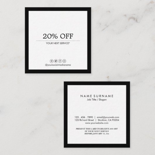 Minimale moderne sociale media Luxe B&W-korting Vierkante Visitekaartje (Voorkant / Achterkant)
