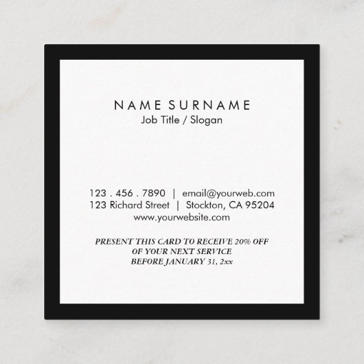 Minimale moderne sociale media Luxe B&W-korting Vierkante Visitekaartje (Achterkant)