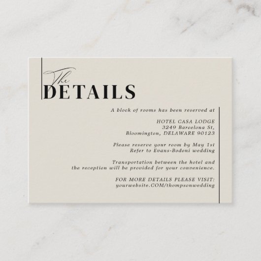 Minimale moderne Taupe Beige Weddenschap Details Informatiekaartje (Voorkant)