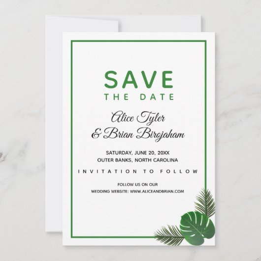 Minimale moderne tropische weddenschap save the date (Voorkant)