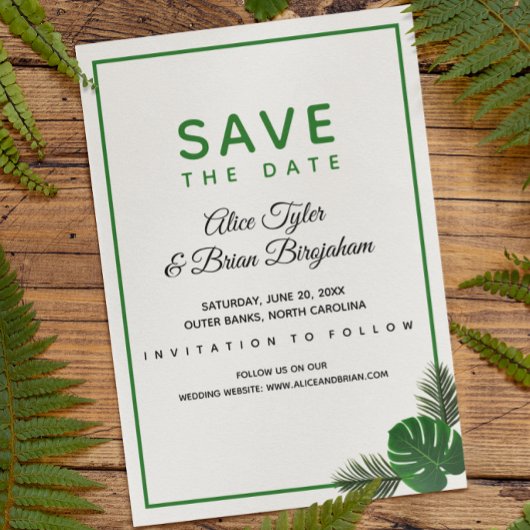 Minimale moderne tropische weddenschap save the date