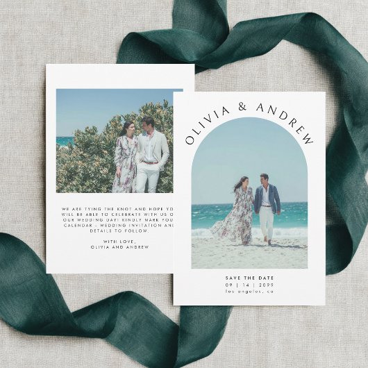 Minimale moderne typografie Boog Foto Bruiloft Save The Date