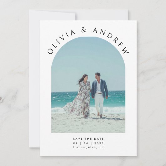 Minimale moderne typografie Boog Foto Bruiloft Save The Date (Voorkant)