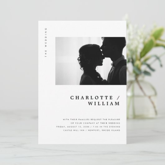 Minimale moderne typografie foto trouwkaart aankondiging (Staand voorkant)