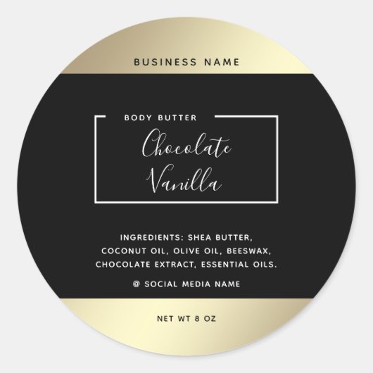 Minimale moderne typografie zwarte goudcosmetica ronde sticker (Voorkant)