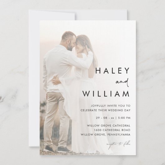 Minimale moderne vervaagde foto elegante bruiloft kaart (Voorkant)