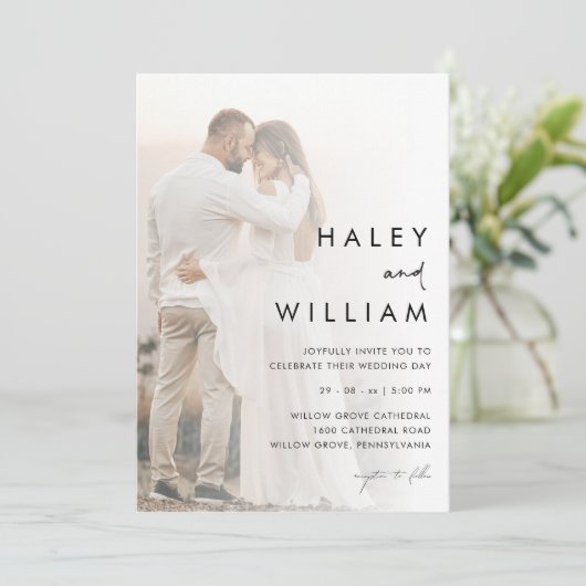 Minimale moderne vervaagde foto elegante bruiloft kaart (Staand voorkant)