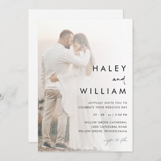 Minimale moderne vervaagde foto elegante bruiloft kaart (Voorkant / Achterkant)