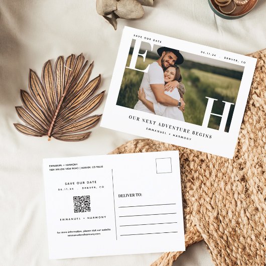 Minimale Moderne Vette Bruiloft Paar Monogram Foto Briefkaart