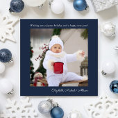 Minimale moderne vrolijke kerstfoto blauw feestdagenkaart