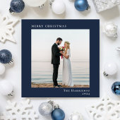 Minimale moderne vrolijke kerstfoto blauw feestdagenkaart