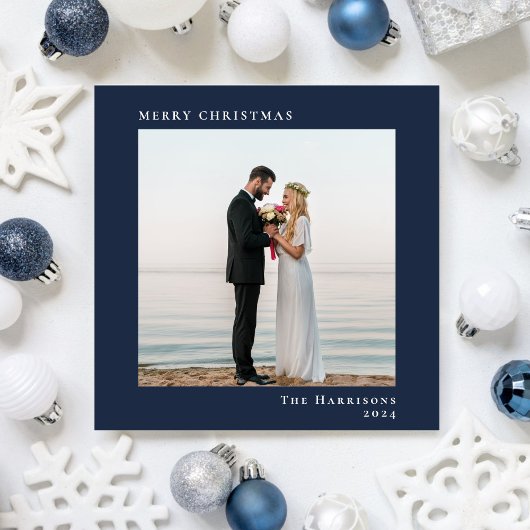 Minimale moderne vrolijke kerstfoto blauw feestdagenkaart