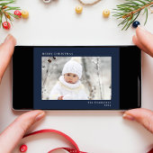 Minimale moderne vrolijke kerstfoto blauw feestdagenkaart