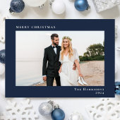 Minimale moderne vrolijke kerstfoto blauw feestdagenkaart