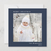 Minimale moderne vrolijke kerstfoto blauw feestdagenkaart (Voorkant)