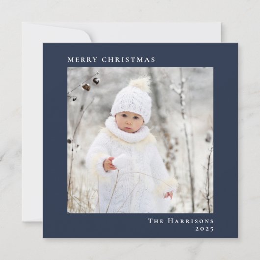 Minimale moderne vrolijke kerstfoto blauw feestdagenkaart (Voorkant)