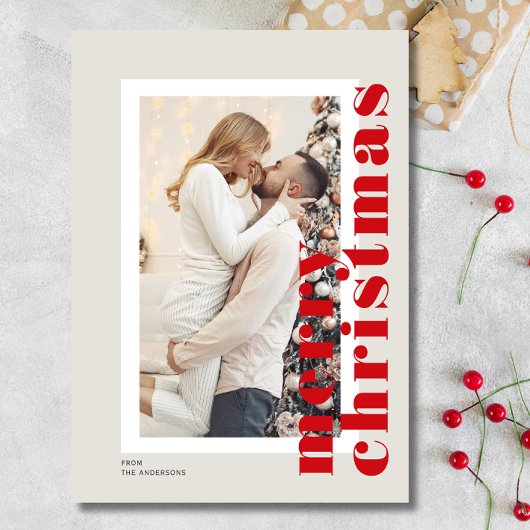 Minimale moderne vrolijke kerstscriptfoto feestdagenkaart